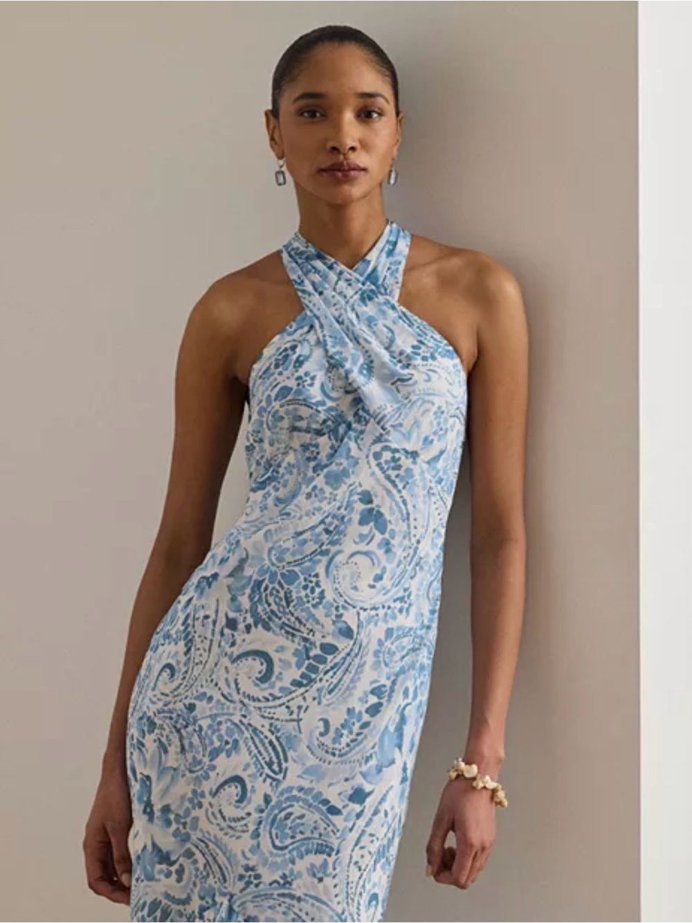 Lauren Ralph Lauren Paisley Crinkle Georgette Halter Gown
